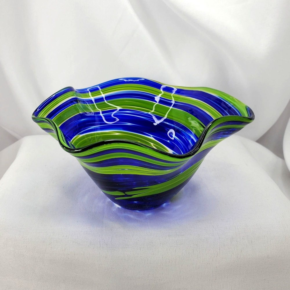 Glass Eye Studio Sunday Blue Wave Bowl Cobalt Blue Green Ripple Swirl 5.5" Wide